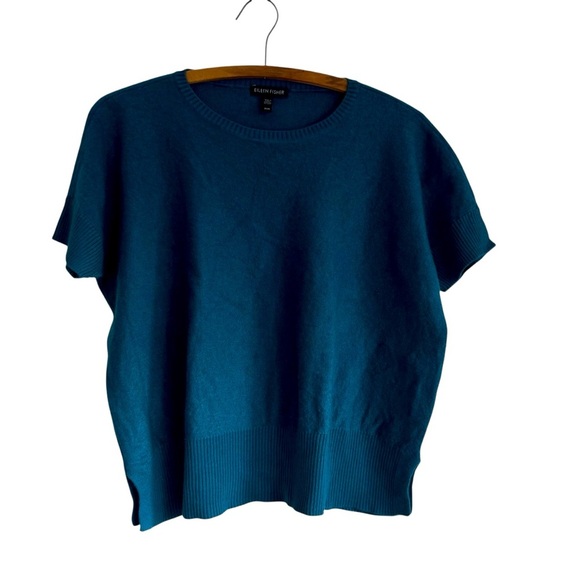 Eileen Fisher Dark Teal Short Sleeve Knit Sweater Top Size Large Wool Blend - Picture 1 of 7